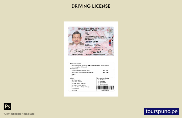 Plantilla de licencia de conducir de Trinidad y Tobago lista para imprimir